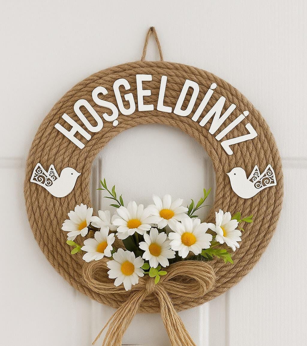 Hoşgeldiniz Yazılı Kapı Süsü Lüks Kapı Süsü Papatya Duvar Ve Kapı Süsü 30 x 30 cm Beyaz