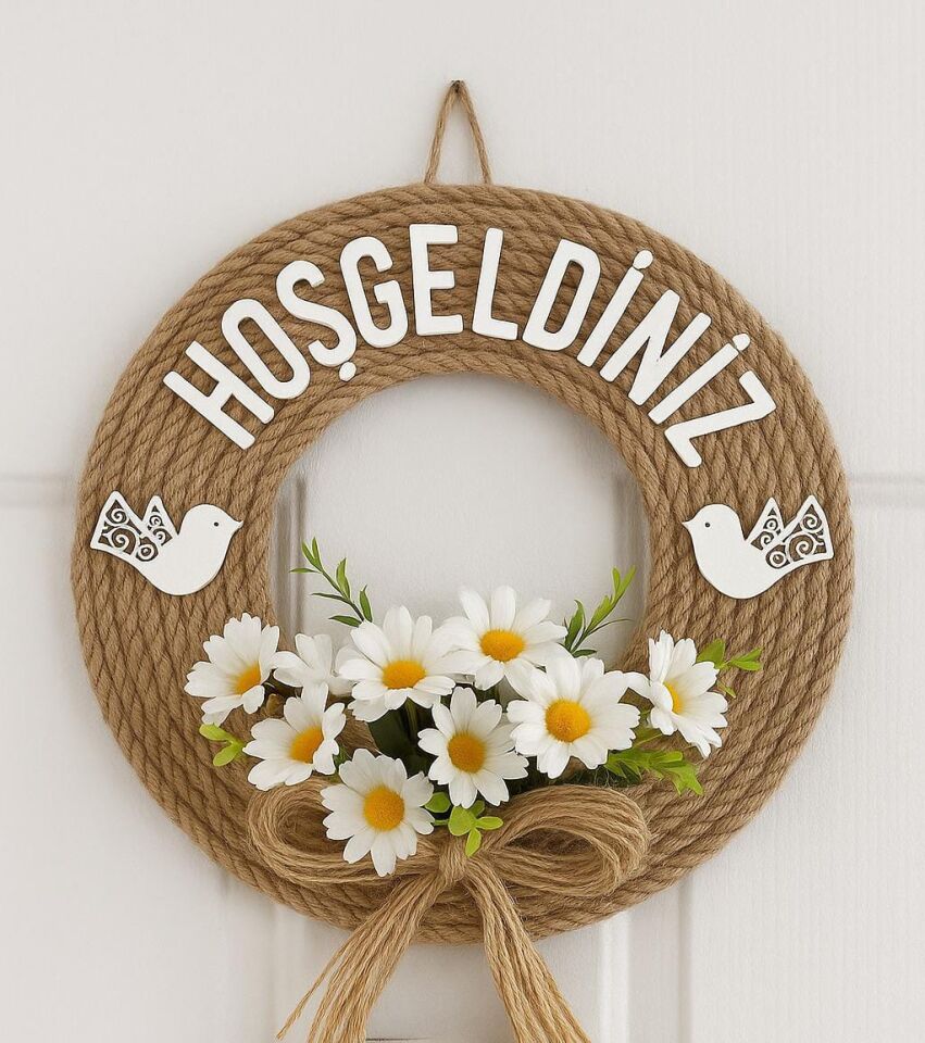 Hoşgeldiniz Yazılı Kapı Süsü Lüks Kapı Süsü Papatya Duvar Ve Kapı Süsü 30 x 30 cm Beyaz