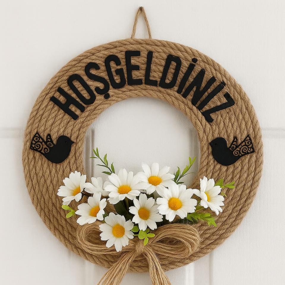 Hoşgeldiniz Yazılı Kapı Süsü Lüks Kapı Süsü Papatya Duvar Ve Kapı Süsü 30 x 30 cm Siyah