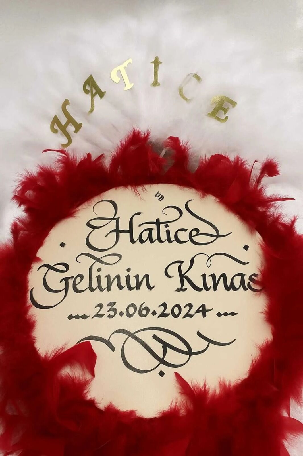 Isme Özel Kına Yelpazesi Ve Gelin Tefi Seti Otrişli Deri Tef Vurmalı Çalgı Def Kırmızı Kımızı Beyaz