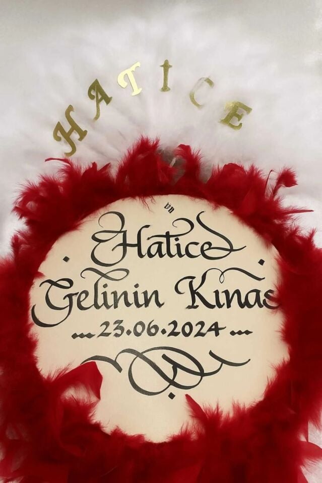 Isme Özel Kına Yelpazesi Ve Gelin Tefi Seti Otrişli Deri Tef Vurmalı Çalgı Def Kırmızı Kımızı Beyaz