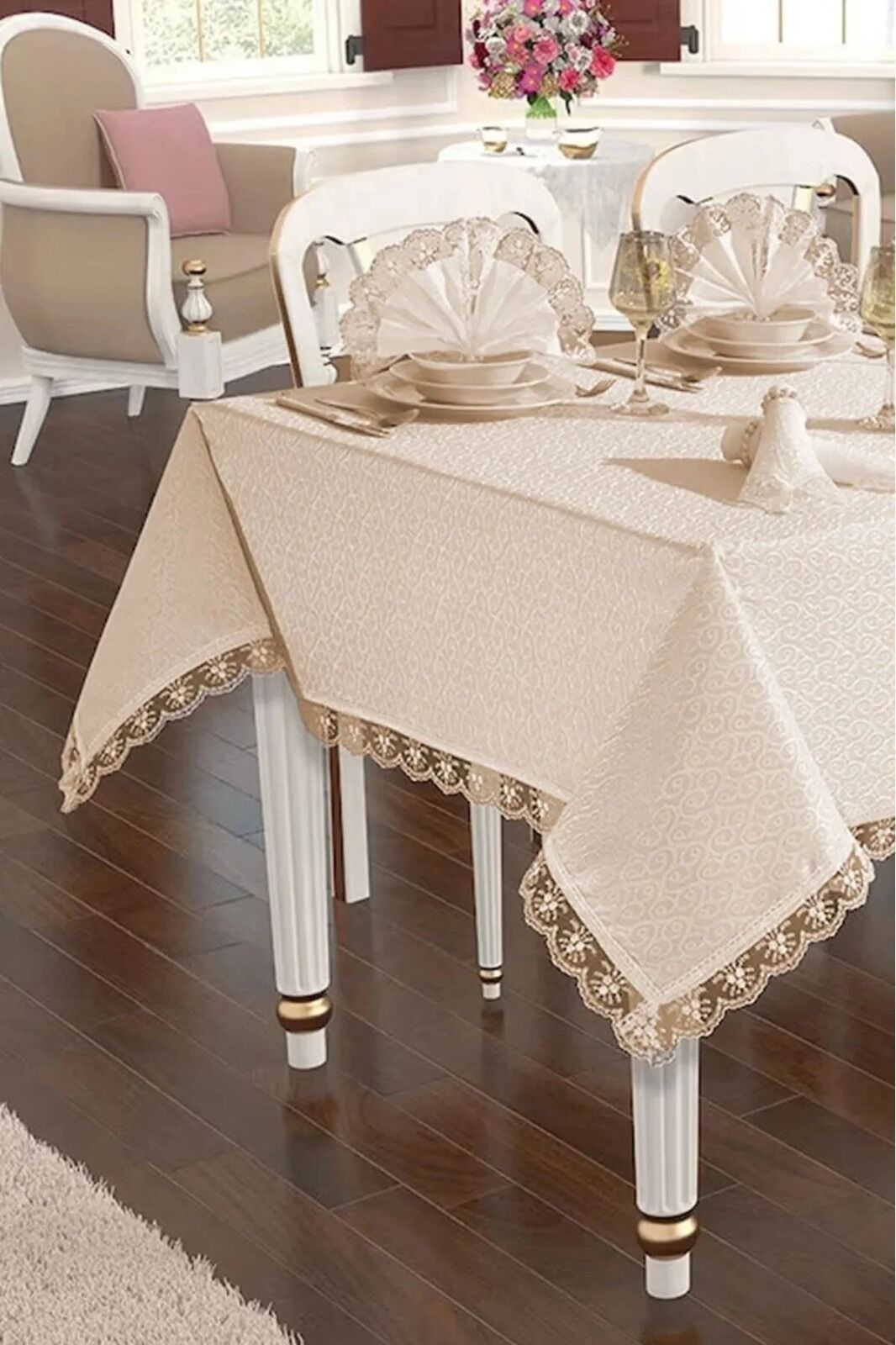 Dertsiz Masa Örtüsü Kir Tutmaz Masa Örtüsü 18 Parça Fransız Güpürlü Kdk Masa Örtüsü Seti