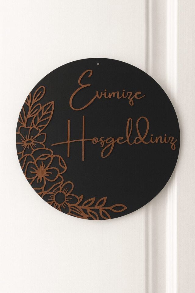 Evimize Hoşgeldiniz Yazılı Ahşap Kapı Süsü Duvar Dekoru Hediyelik Süs 23 cm Çapında