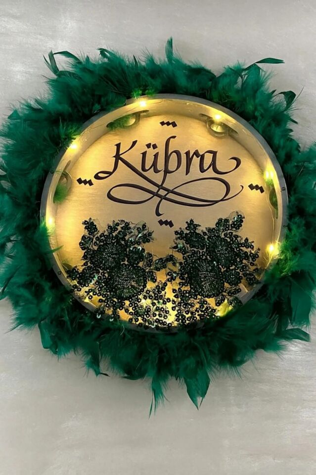 Kişiye Özel Ledli Şeffaf İsimli Gelin Tefi Vip Güpürlü Ve Tüylü Düğün Kına Nedime Bride Parti Defi Zümrüt Yeşili