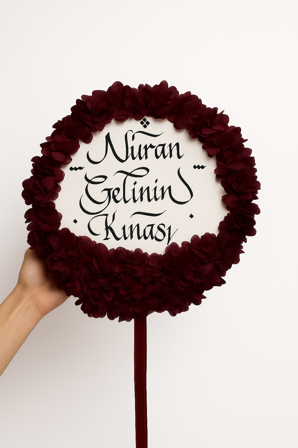 Vurmalı Zilli Lazer Güllü Süslü Deri Tef Gelin Tefi Isme Özel Deri Tef 30cm Çap Bordo