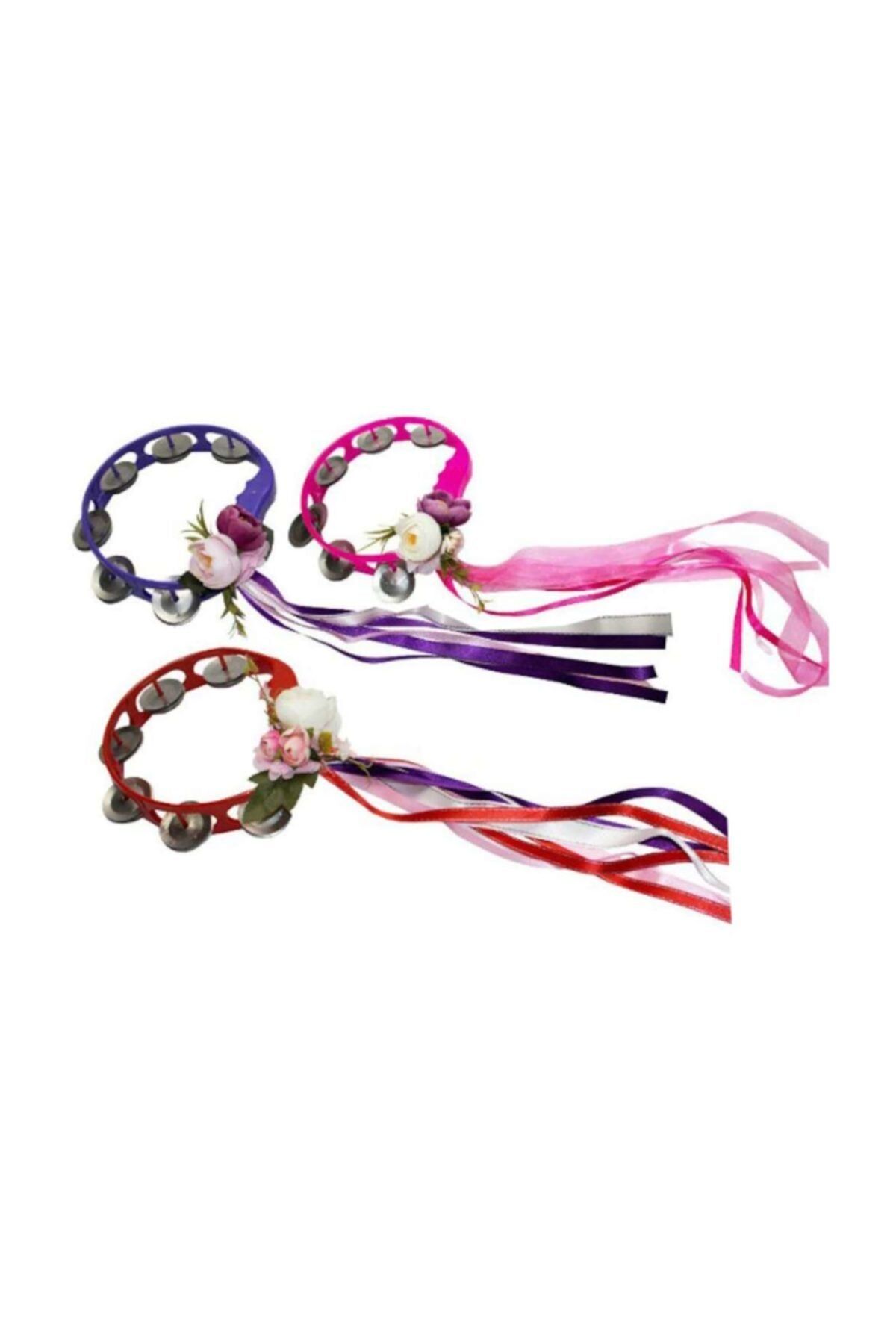 Kına Gecesi Zilli Rengarenk Kurdelalı Çiçekli Süslü Tef Def 5 Adet Renkli