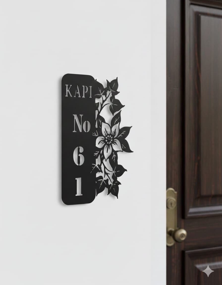 Kişiye Özel Kapı Numaralığı Ahşap Kapı Numarası Çiçek Motifli Duvar Dekoru 15x25 Ölçüde