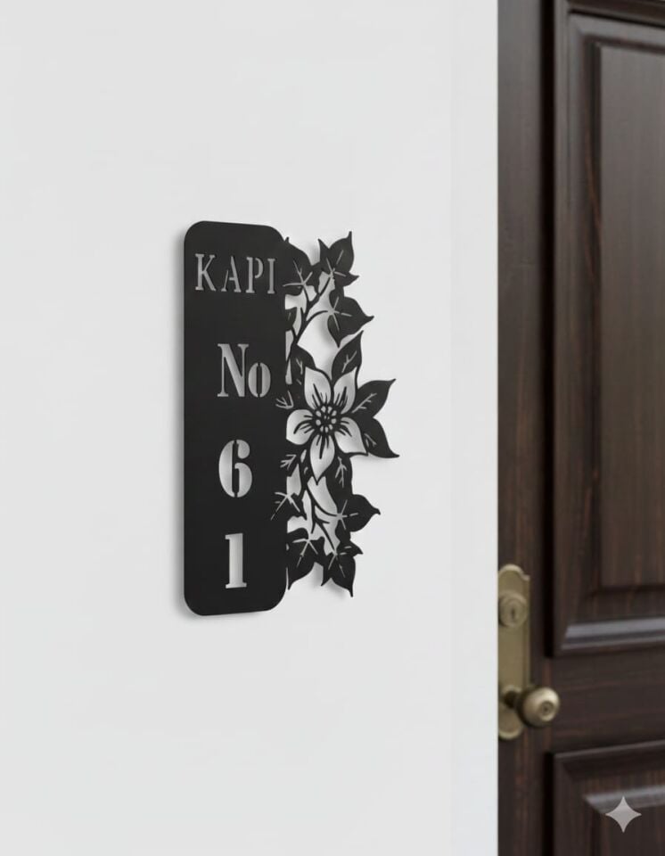 Kişiye Özel Kapı Numaralığı Ahşap Kapı Numarası Çiçek Motifli Duvar Dekoru 15x25 Ölçüde