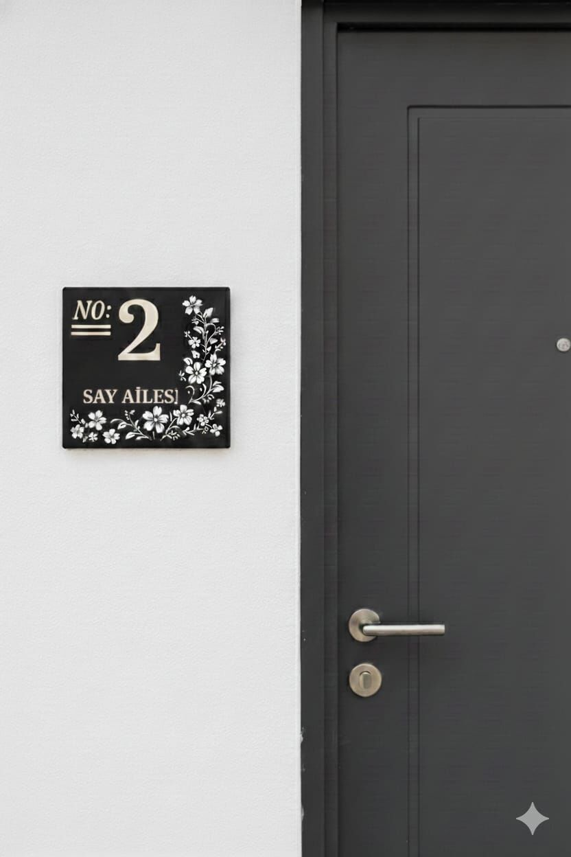 Kişiye Özel İsimli Ahşap Kapı Numarası Kapı İsimliği Çiçek Detaylı