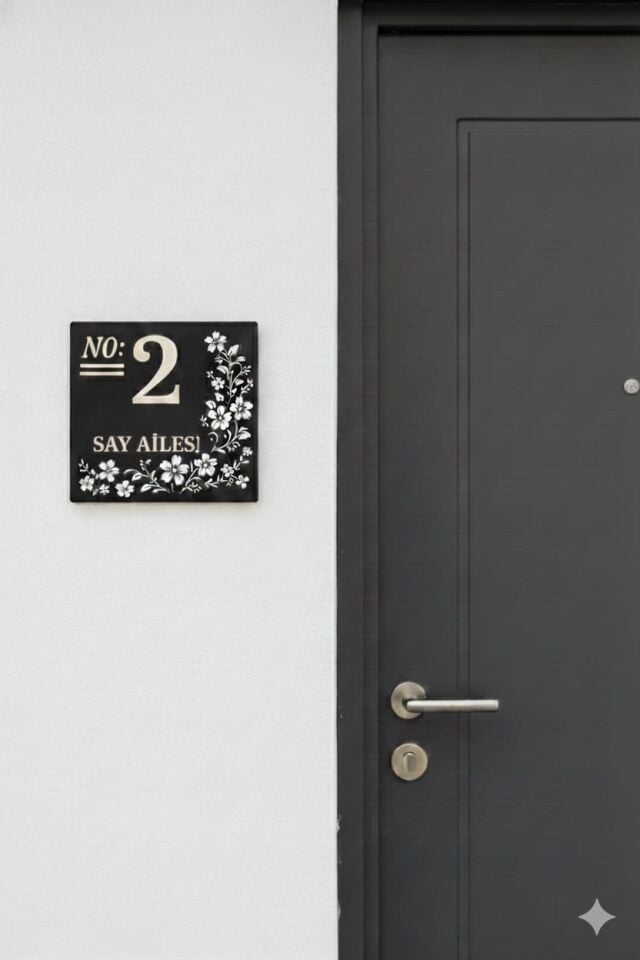 Kişiye Özel İsimli Ahşap Kapı Numarası Kapı İsimliği Çiçek Detaylı