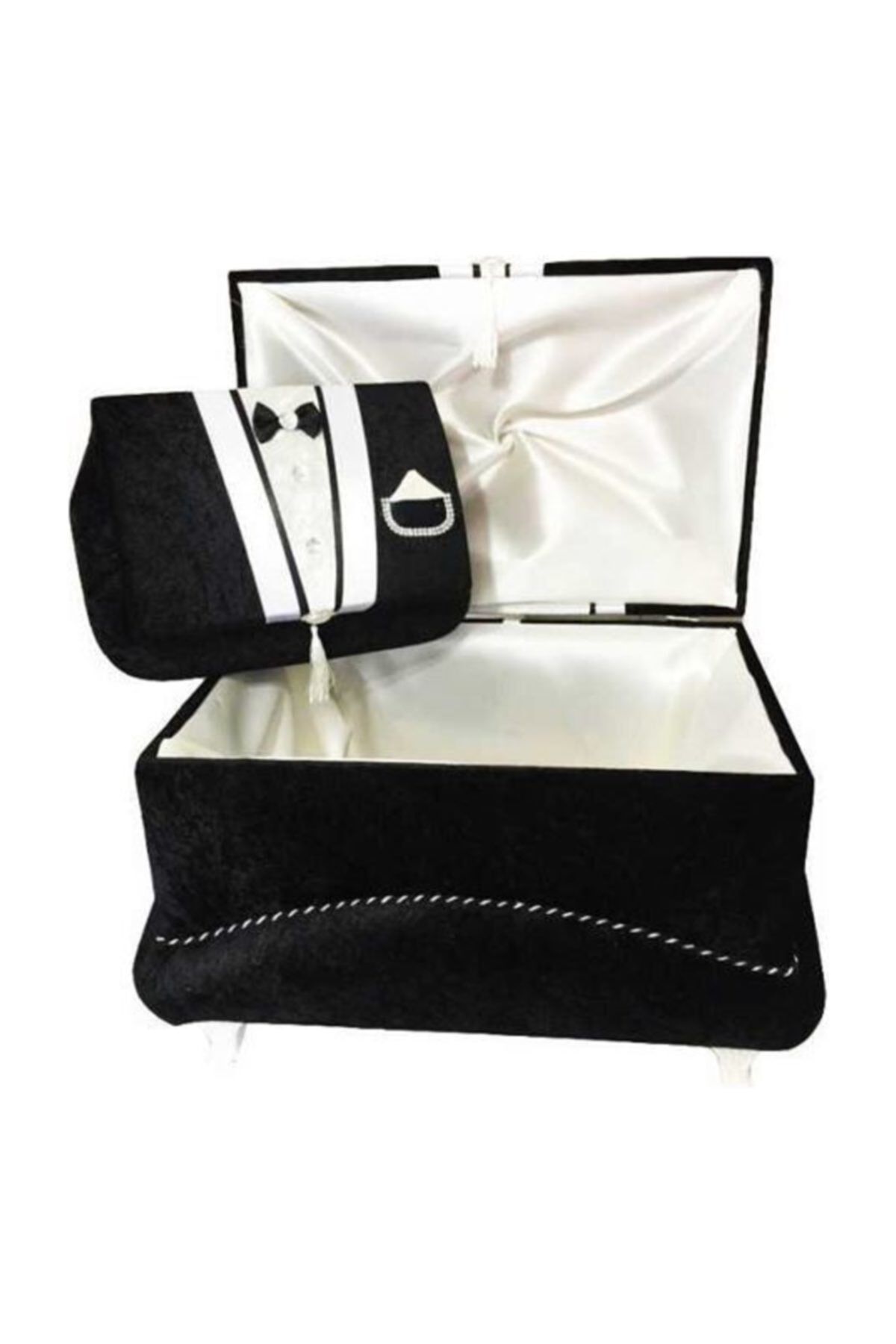 Damat Figürlü Kadife 2li Çeyiz Sandığı Cepli Model Siyah