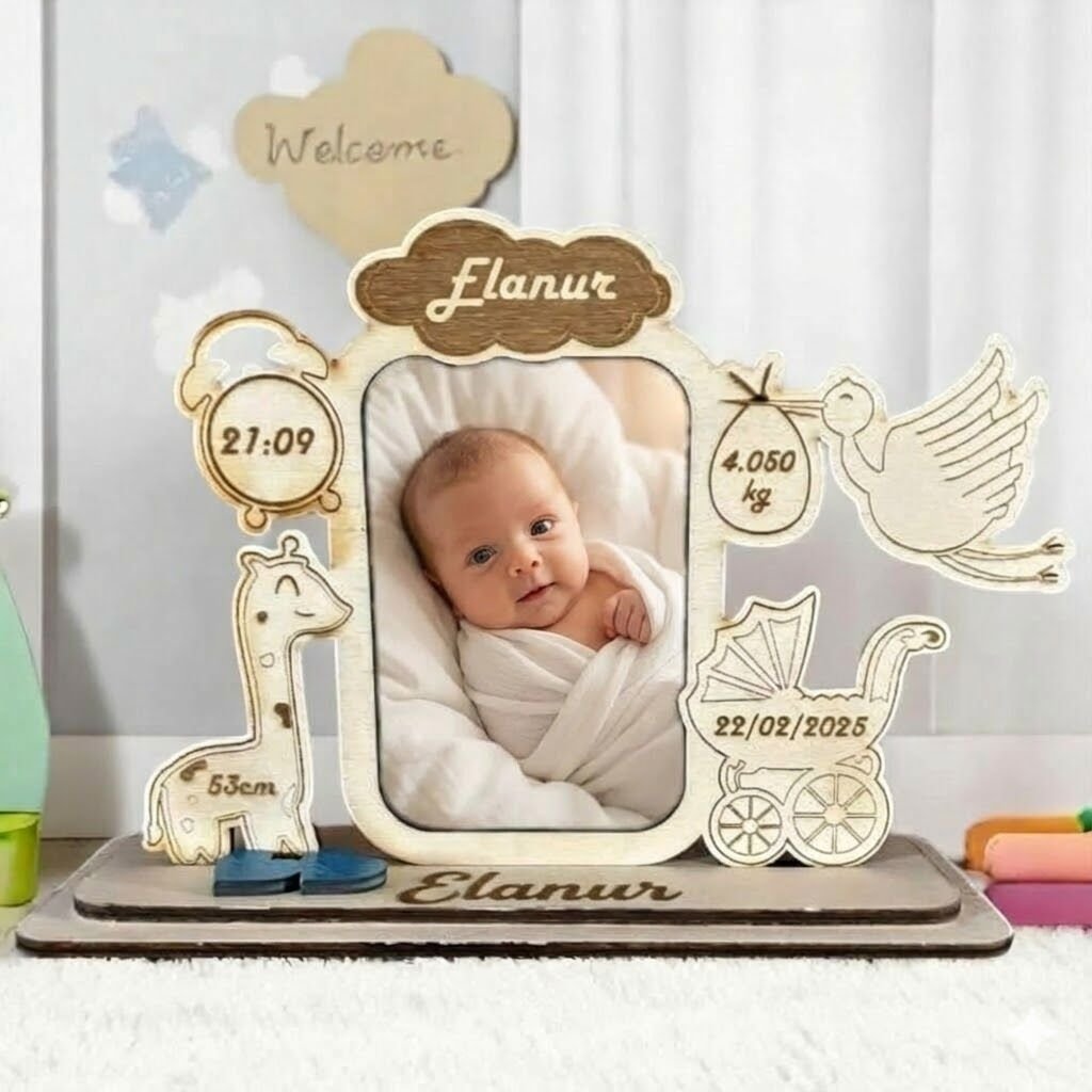 Kişiselleştirilmiş Ahşap Bebek Fotoğraf Çerçevesi Takvim Yenidoğan Leylekli