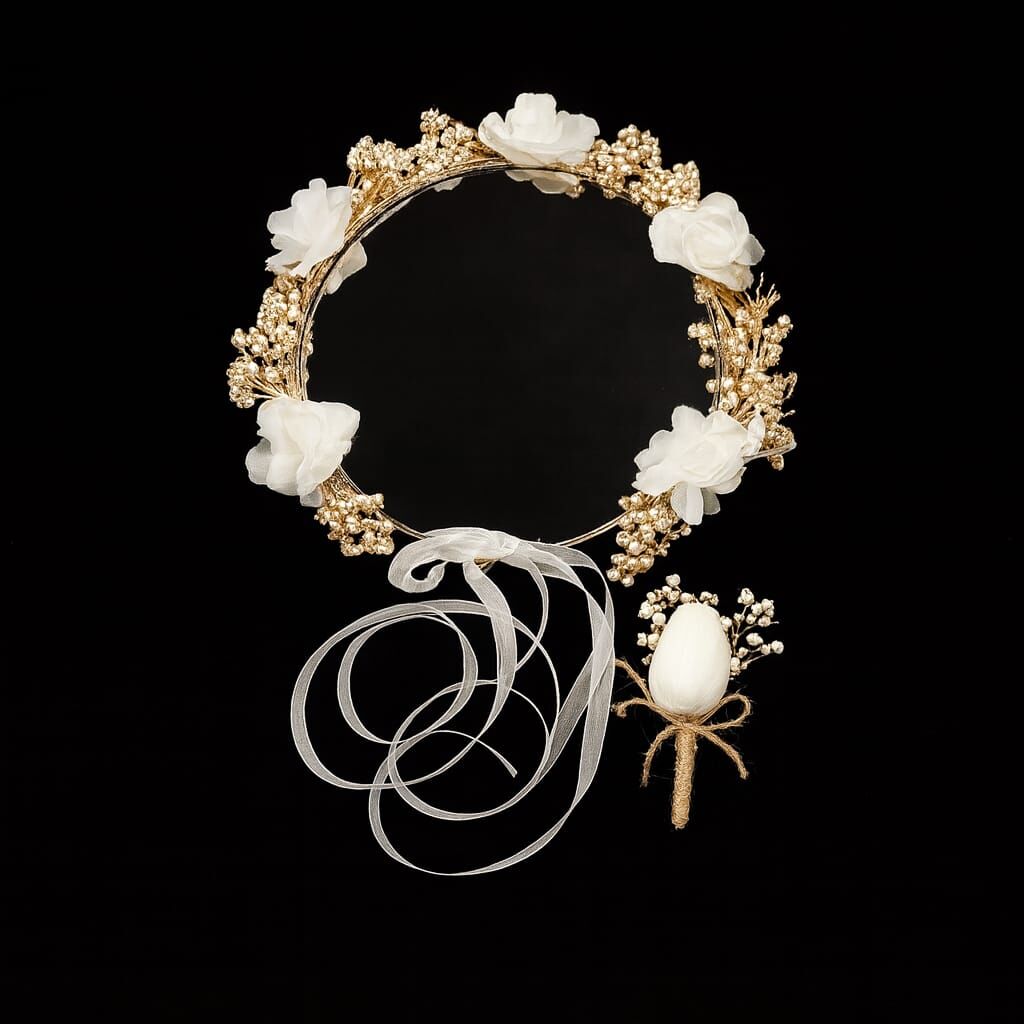 Nikah İçin Damat Yaka Çiçeği Ve Gelin Tacı