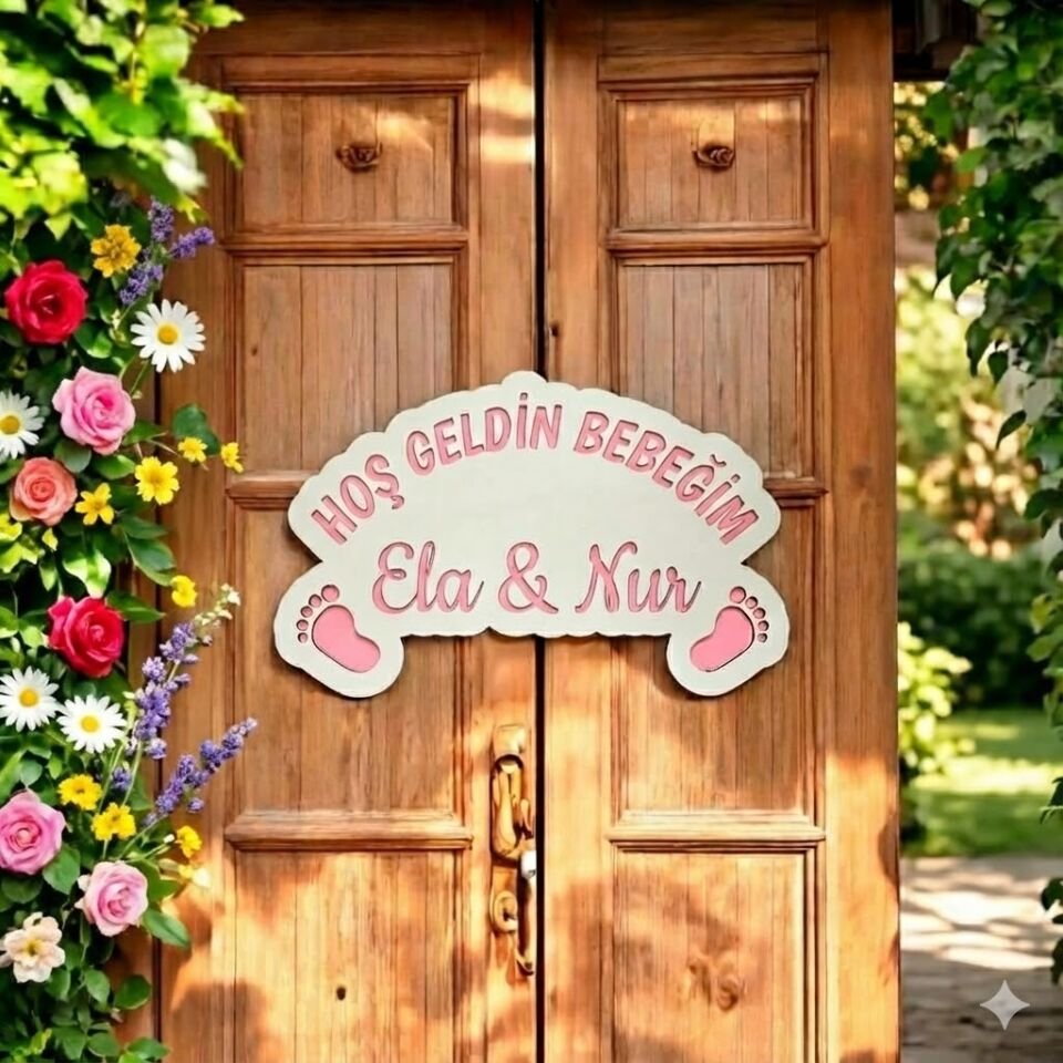 Hoş Geldin Yenidoğan Bebek Süsü İsimli Kedili Model Pembe Pembe