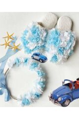 Lohusa Tacı Ve Lohusa Terlik Seti Mavi Beyaz